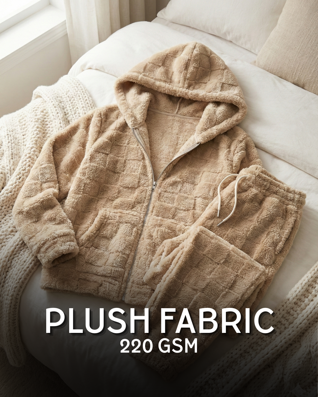 CozyBear Hoodie Nightsuit Biege - Premium Plush Night Suit