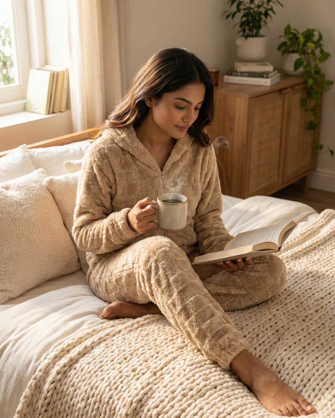 CozyBear Hoodie Nightsuit Biege - Premium Plush Night Suit