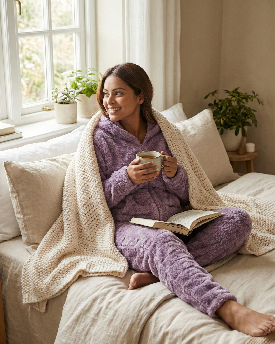 CozyBear Hoodie Nightsuit Lavender - Premium Plush Night Suit