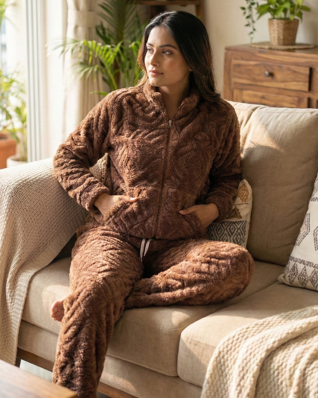Plush Love Winter Nightsuit Blush Chocolate - Premium Plush Night Suit
