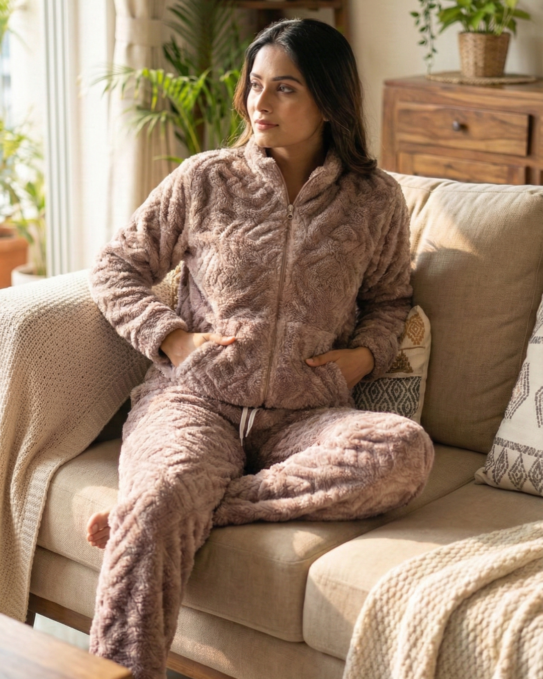 Plush Love Winter Nightsuit Blush Biege - Premium Plush Night Suit