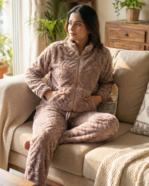 Plush Love Winter Nightsuit Blush Biege - Premium Plush Night Suit
