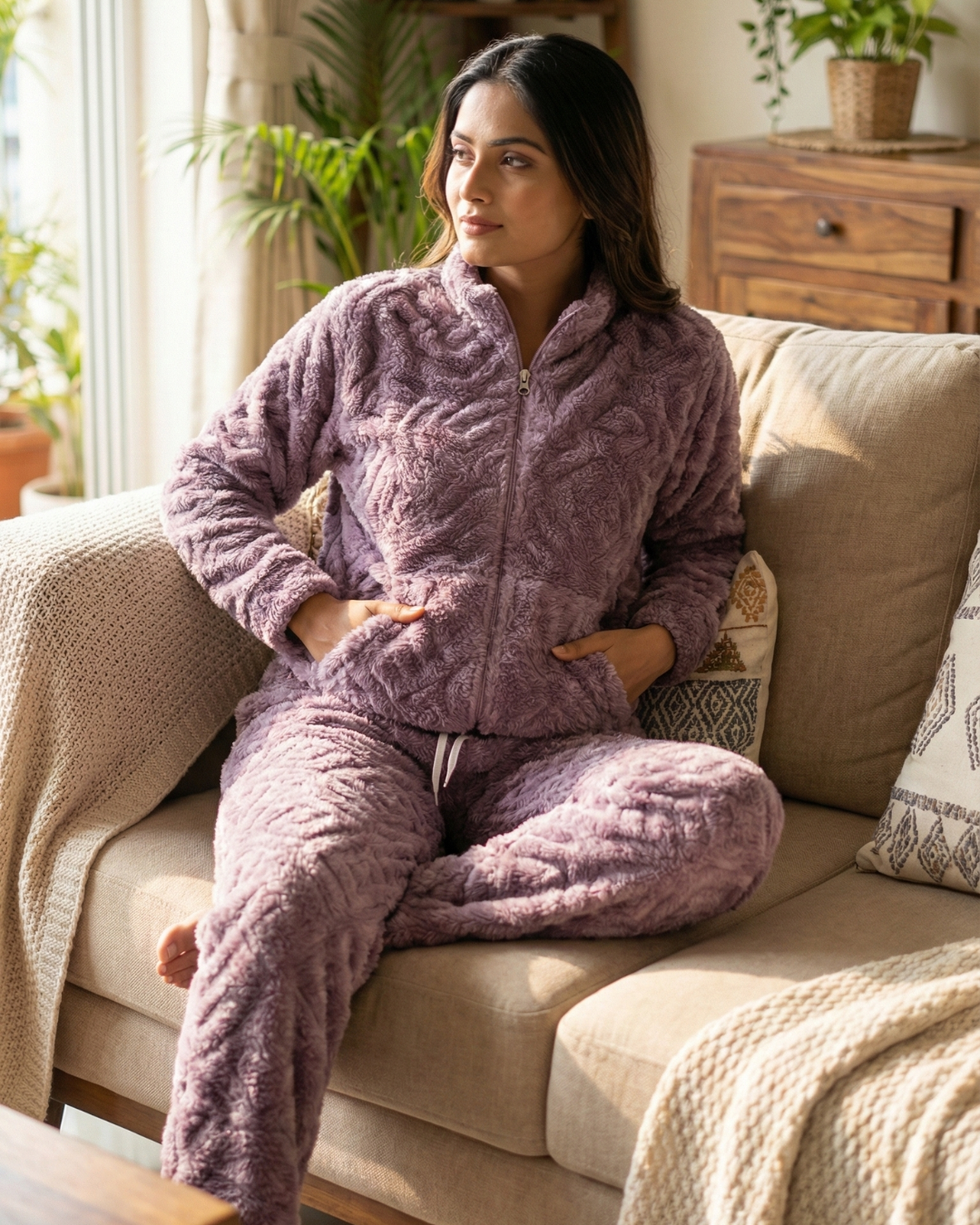 Plush Love Winter Nightsuit Blush Lavender Love - Premium Plush Night Suit