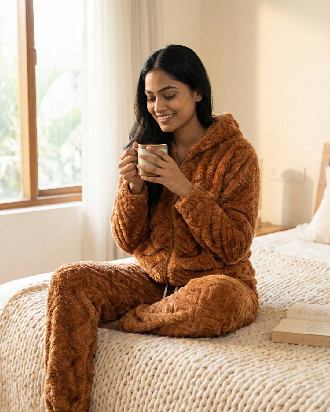 CozyBear Hoodie Nightsuit Chocolate - Premium Plush Night Suit