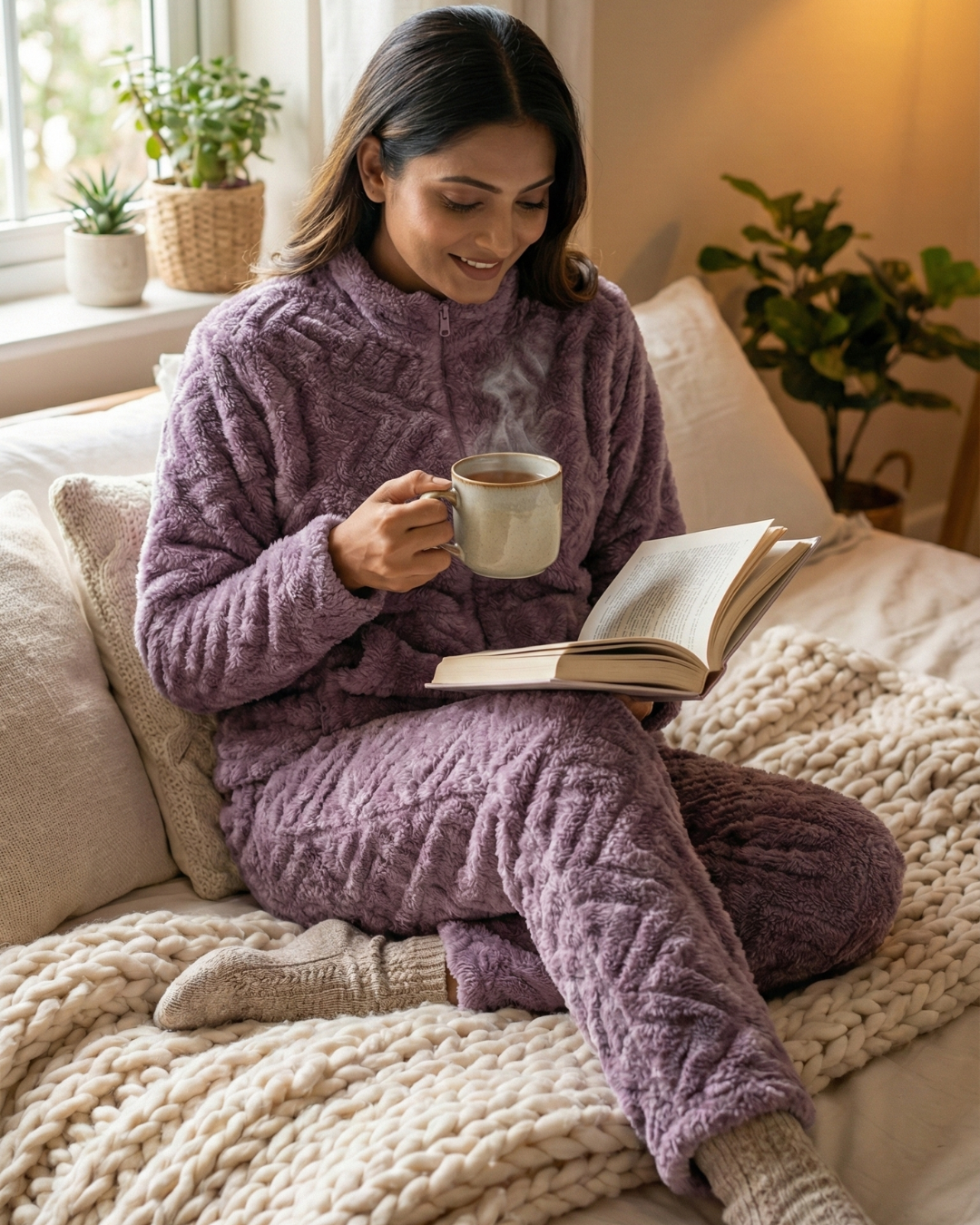 Plush Love Winter Nightsuit Blush Lavender Love - Premium Plush Night Suit