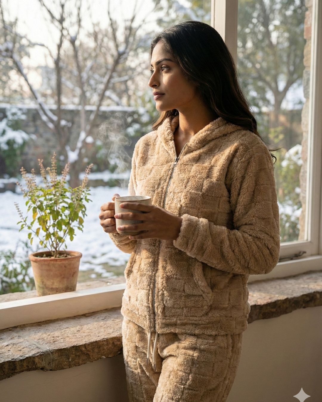 CozyBear Hoodie Nightsuit Biege - Premium Plush Night Suit