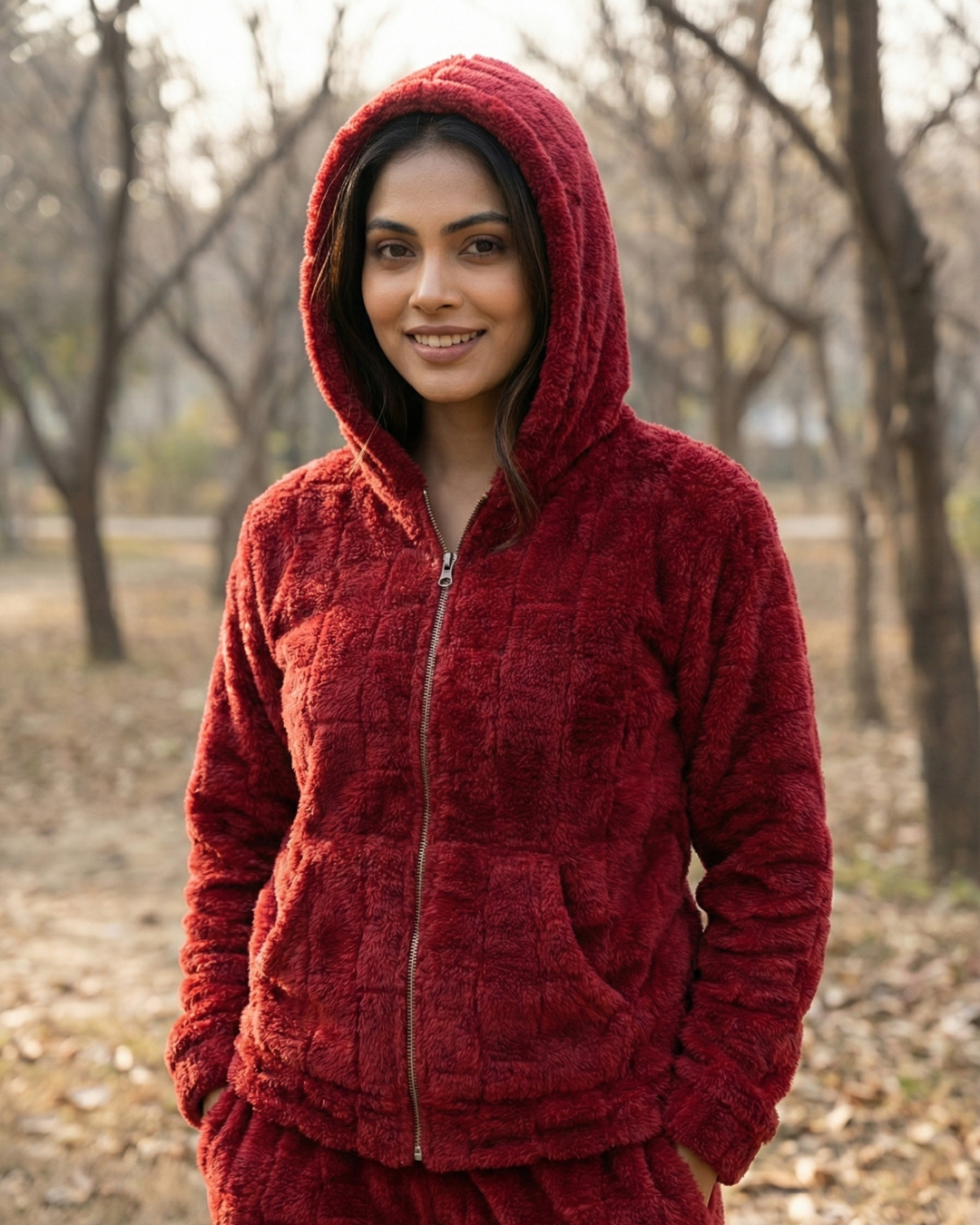 CozyBear Hoodie Nightsuit Maroon- Premium Plush Night Suit