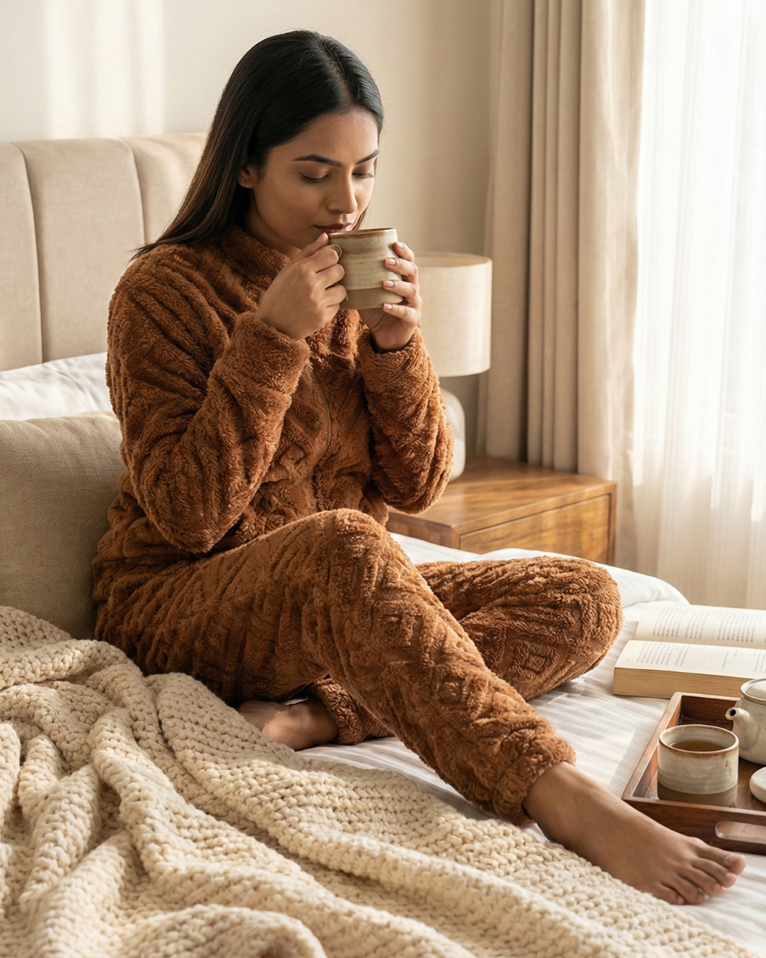 Plush Love Winter Nightsuit Blush Chocolate - Premium Plush Night Suit