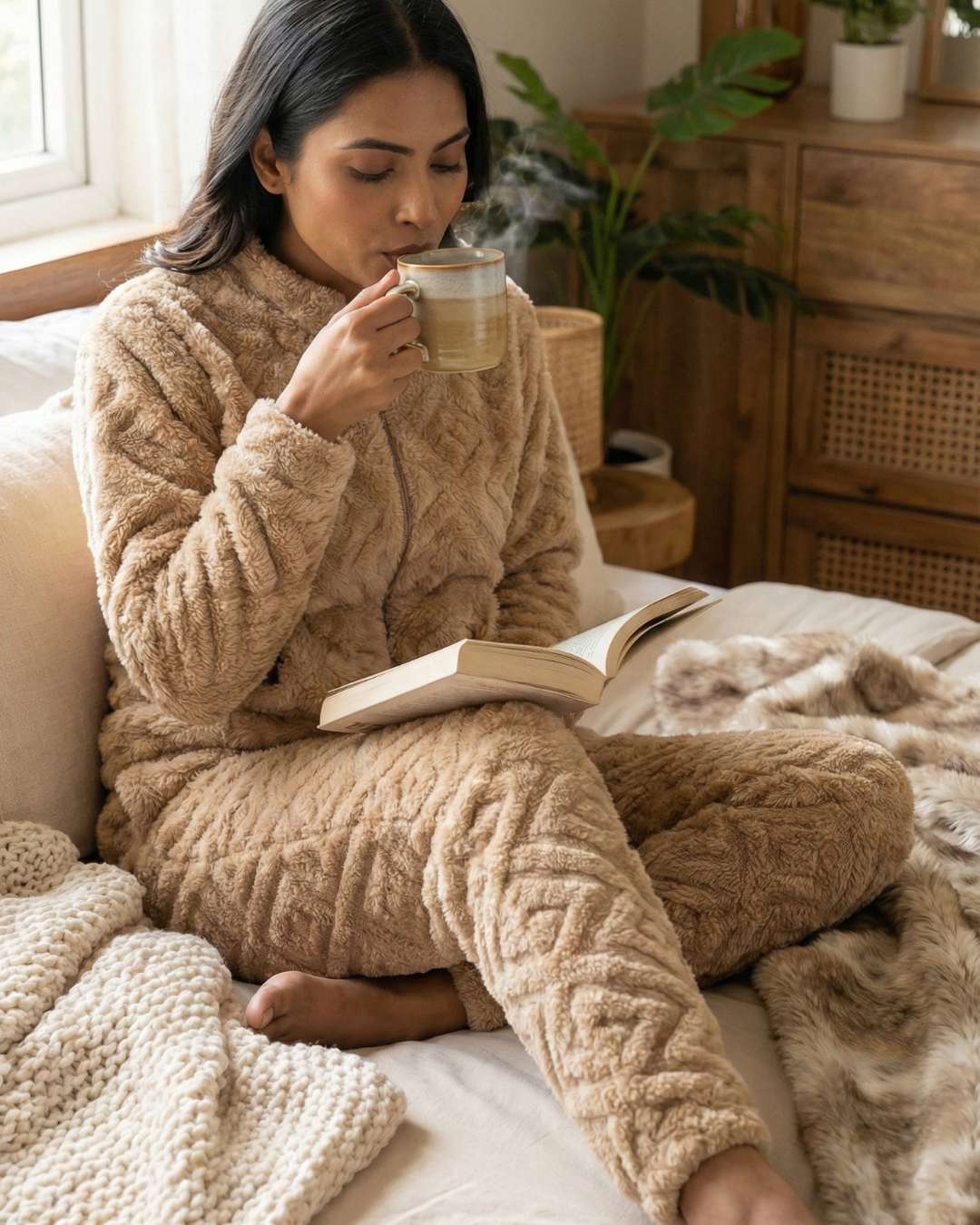 Plush Love Winter Nightsuit Blush Biege - Premium Plush Night Suit