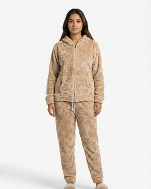CozyBear Hoodie Nightsuit Biege - Premium Plush Night Suit