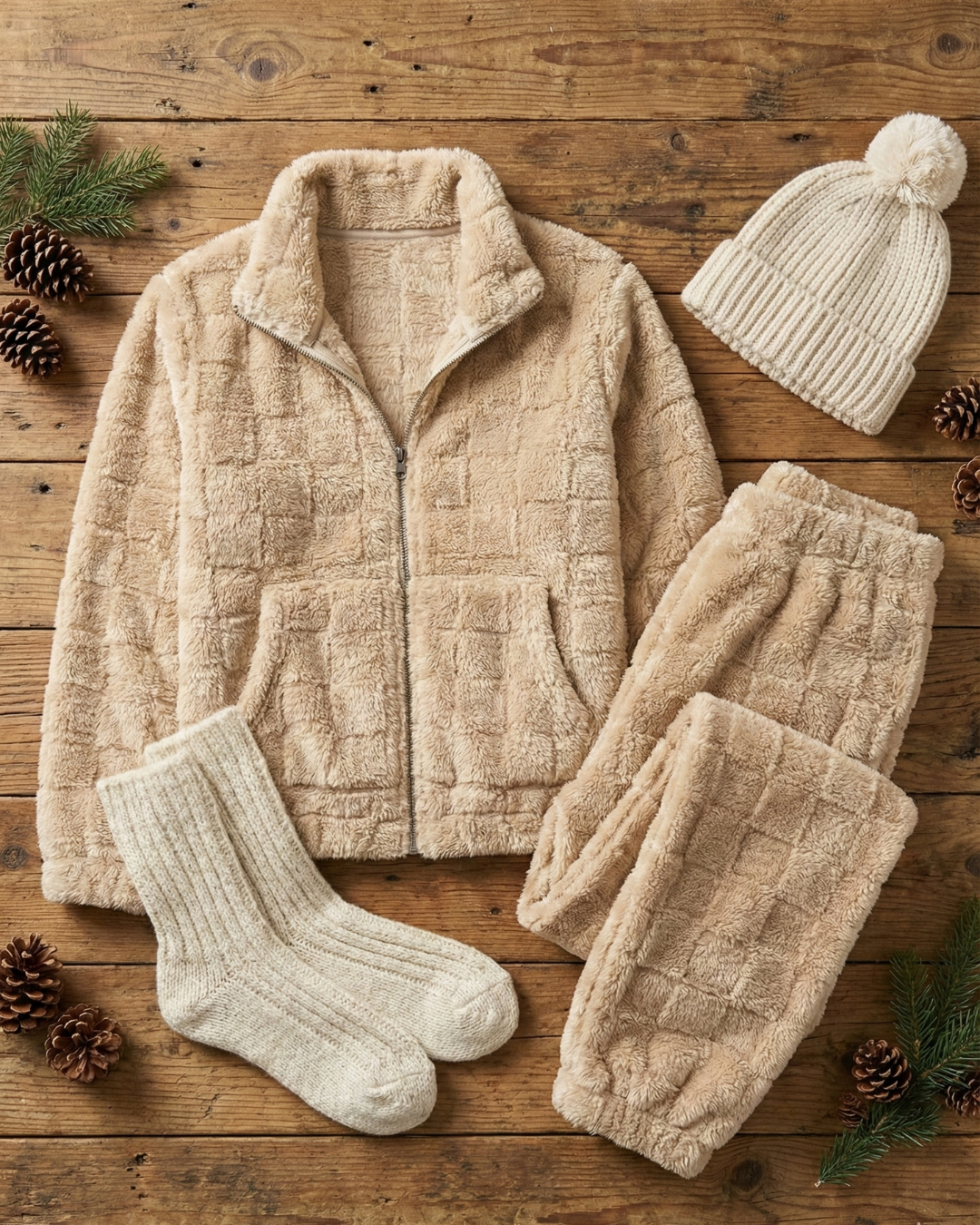 CozyBear Hoodie Nightsuit Biege - Premium Plush Night Suit