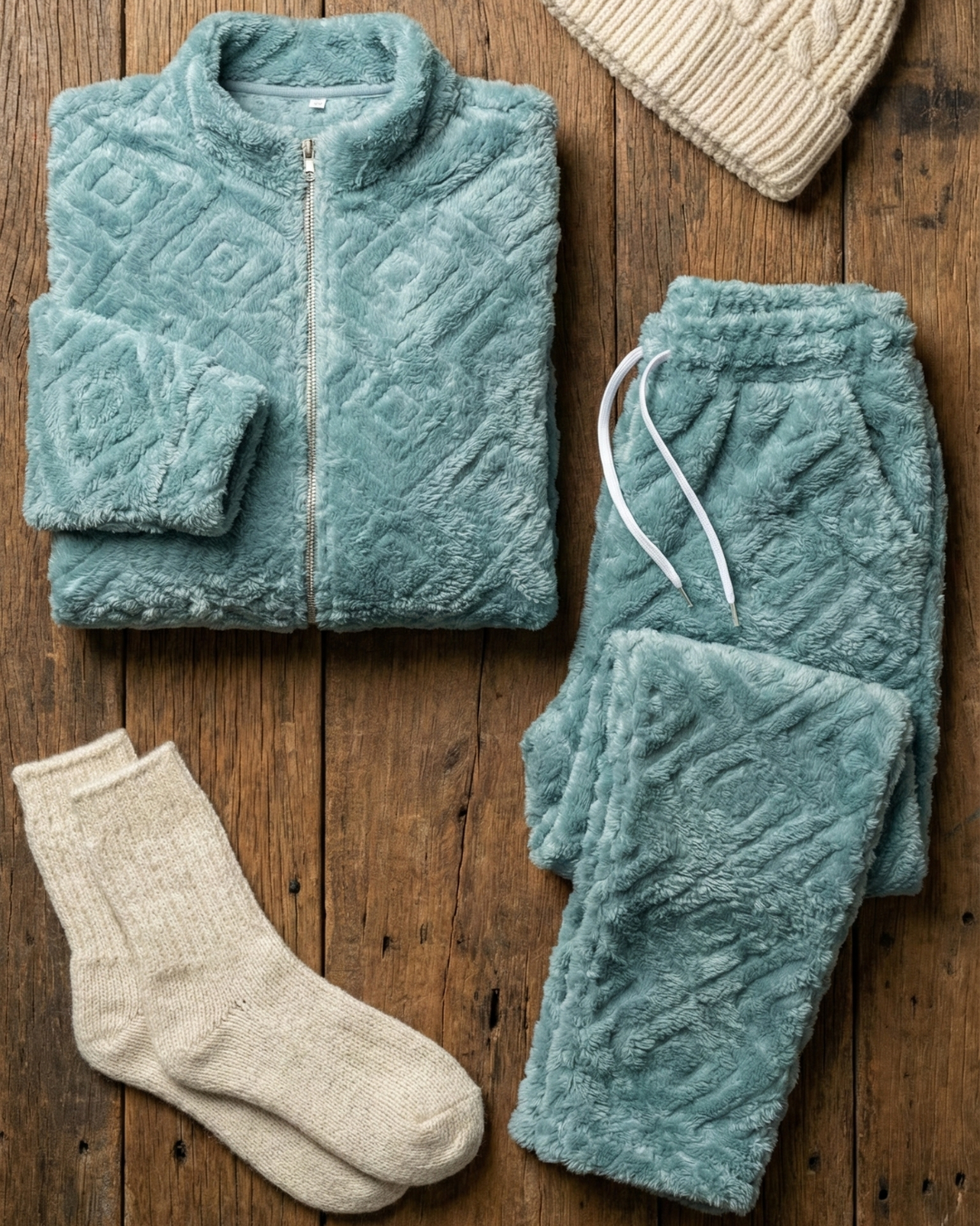 Plush Love Winter Nightsuit Blush Teel Blue - Premium Plush Night Suit