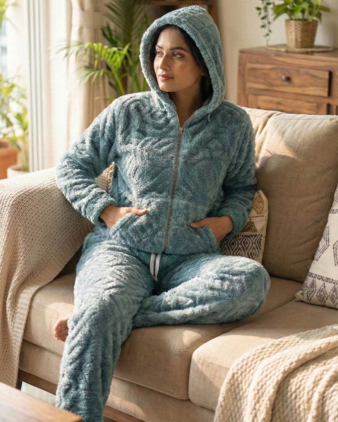 CozyBear Hoodie Nightsuit Teel Blue - Premium Plush Night Suit